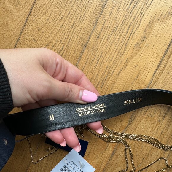 NWT Oscar De La Renta Navy Leather Belt With Gold-tone Chain Drape Accent - Picture 4 of 8